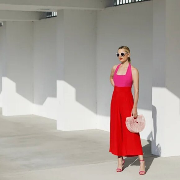 NWOT STAUD - Square Neck Jumpsuit in Red and Pink - 10 - Picture 2 of 16